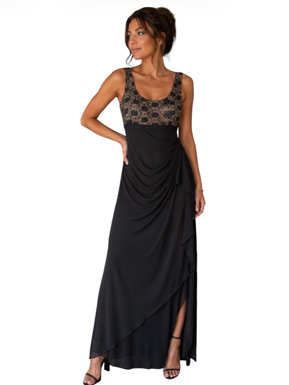 Alex Evenings Black Lace Bodice Draped Maxi Gown